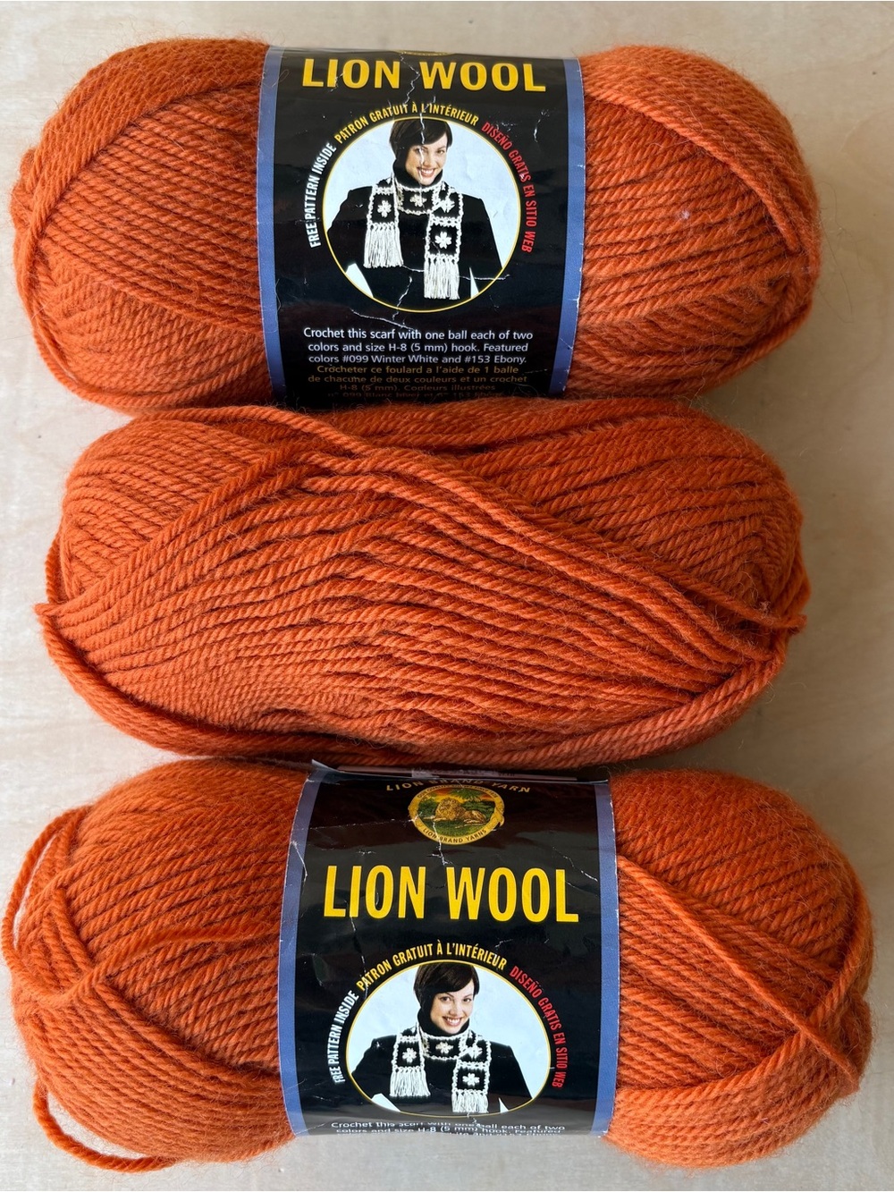 Lion Brand Wool Yarn Lot Of 3 Worsted Knitting Pumpkin Orange